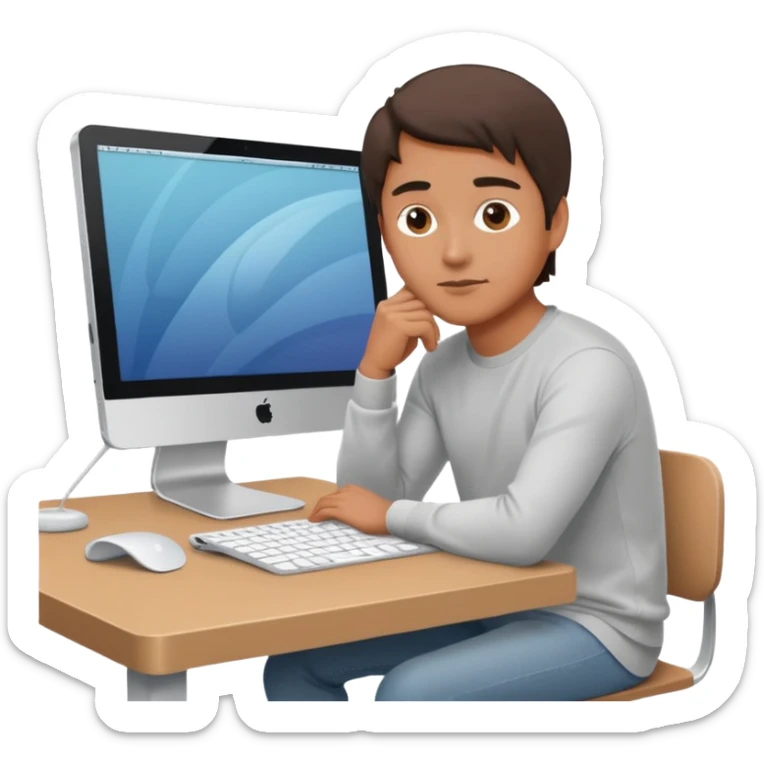 emoji of a man sitting at the table with an imac on it, a man sits in a very thoughtful pose sticker