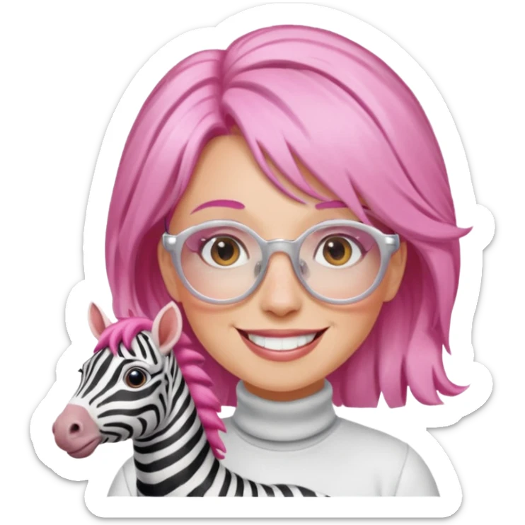 create a emoji of my friend camilla: she wears  white glasses and she has brown hair, make it pink. She loves horses and zebras sticker