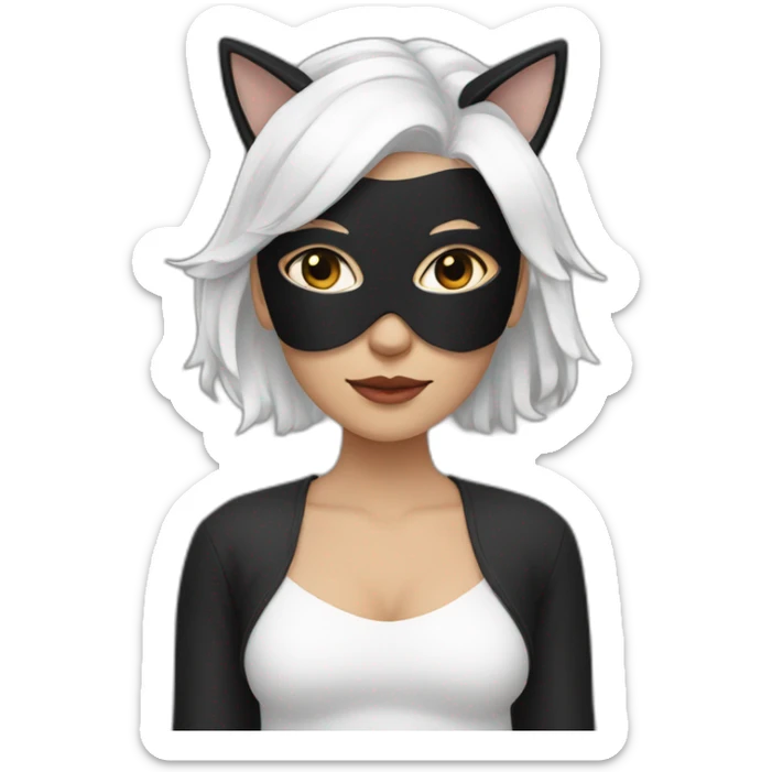 A woman with white hair and cat ears and a black mask around her eyes has white skin  sticker
