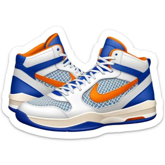 Cinematic Realistic image of a pair of basketball sneakers featuring detailed mesh and leather textures, vibrant color accents and dynamic design lines, illuminated by bold, high-energy arena lighting sticker