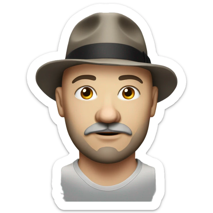 Photorealistic, realistic serious A plump bald man of Slavic appearance with a goatee beard and mustache, wearing a fedora hat, big details sticker