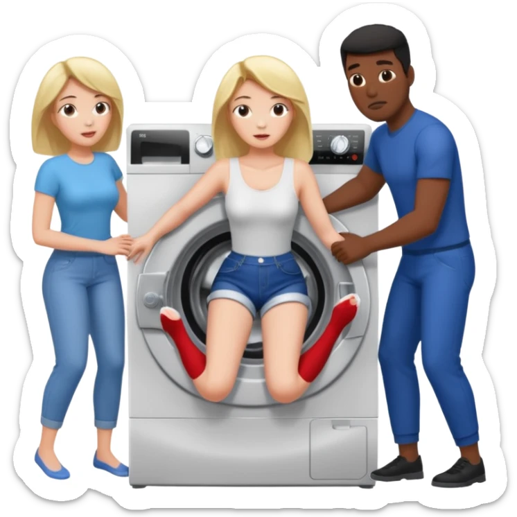 Eine Frau steckt bis zum Bauch in einer Waschmaschine fest und nur die Beine gucken raus und zwei schwarze männer ziehen an ihren Beinen um sie raus zu holen  sticker