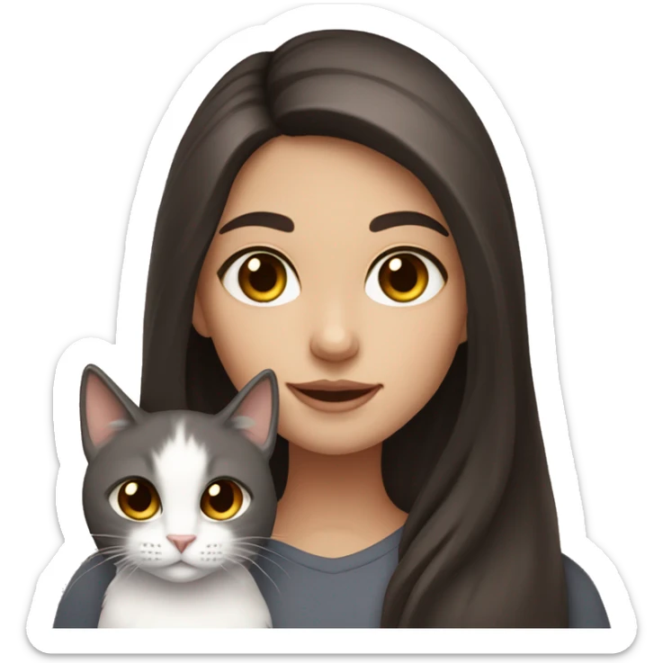 A girl with brown eyes and long dark brown hair holding a white and dark grey cat  sticker