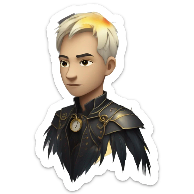 Hamlet young skinny sad man iridescent hair wearing raven feathers with a gilded clock and golden flames yin yang chess board sticker