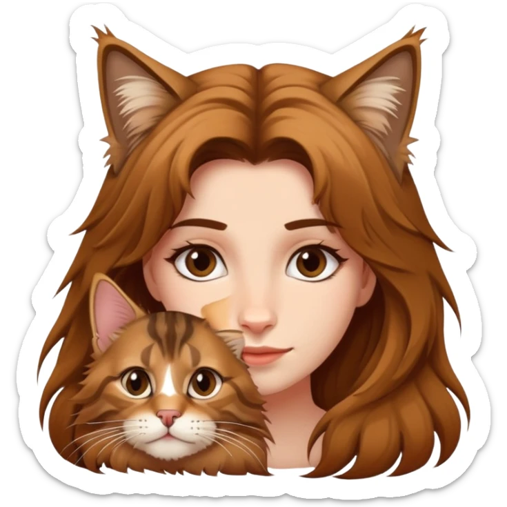A cute Maine Coon cat crawled on the girl's head brown sticker
