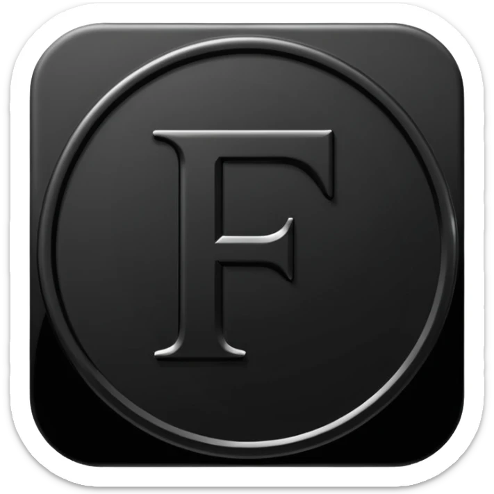 Emoji icon of a black coin with engraved letter F, minimalist style, isolated, only black color sticker