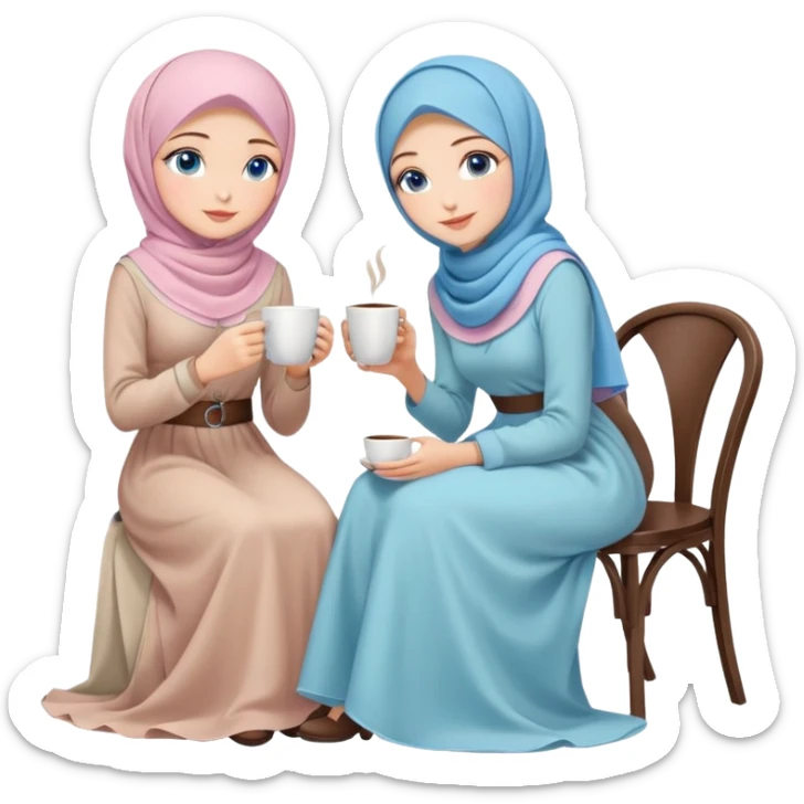Turkish beautiful finish Konya girls blue eyes with pastel hijab long tail dress and the two friends sits on the chair on the ground and holds cup coffe with her hand  sticker