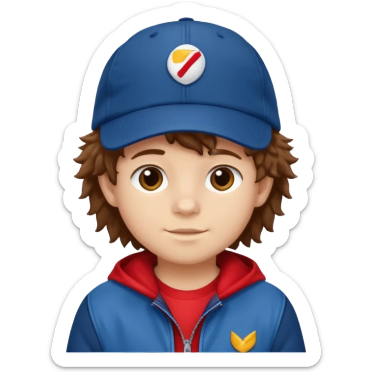 brown fluffy hair kid with blue and white cap dark blue jilet red t shirt sticker
