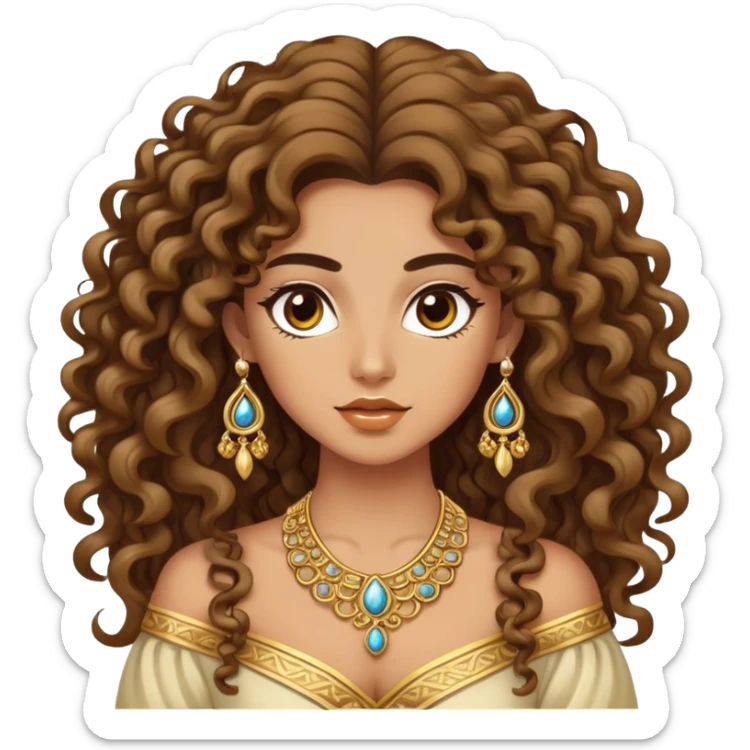 Beautiful Greek woman with very long puffy curly hair, wearing ornate gold jewelry and cute stylish clothes sticker