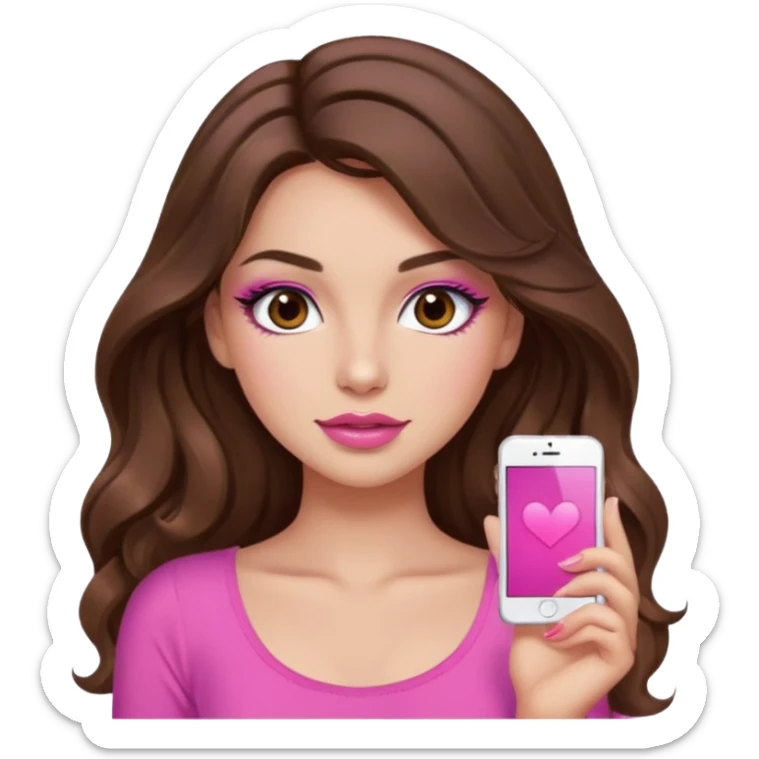 girl with long wavy brown hair, brown eyes, long lashes makeup, sexy pink lips, light to medium complexion, wearing a pink sexy t sticker