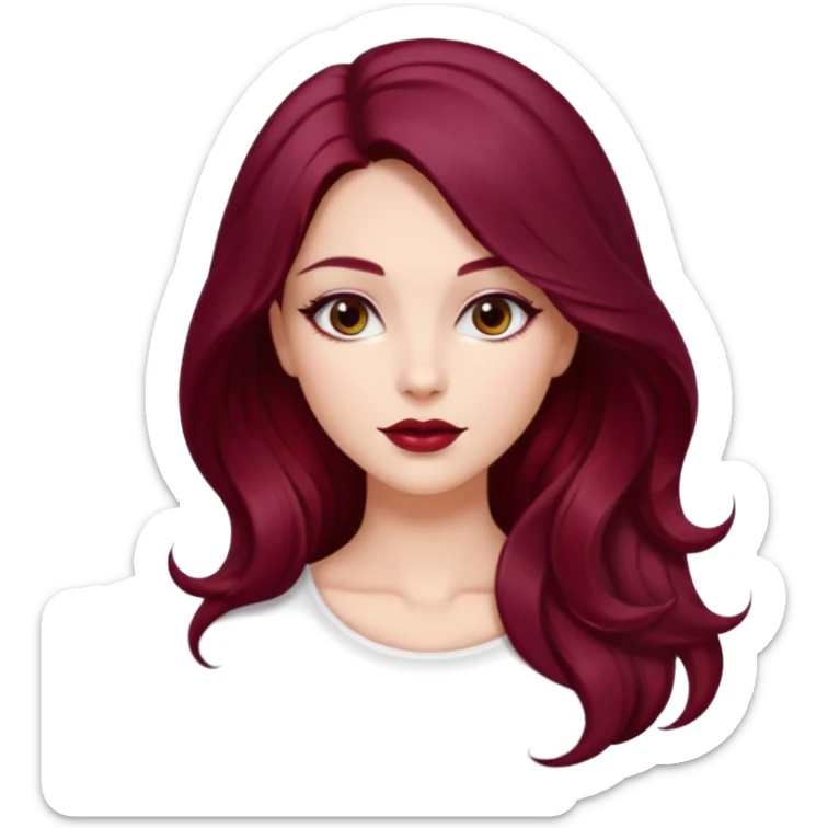 Draw a young glamorous woman with LONG dark burgandy cherry hair in a MIDDLE PART styled slightly wavy sticker