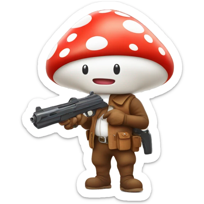 cute mushroom person holding gun and he’s really small and red and white spots with a cute smiley face  sticker