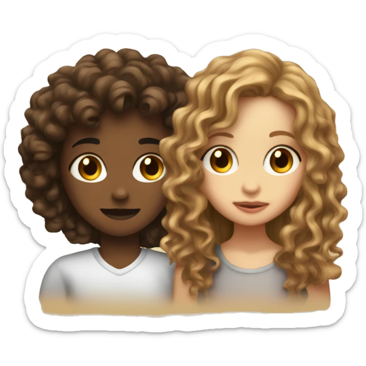 A white gir with long brown wavy hair kissing a light skin gir with curly hair  sticker