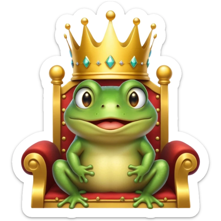 A cry frog wearing a crown, confidently sitting on a golden throne, cry tear from eyes, portrait, bust up sticker
