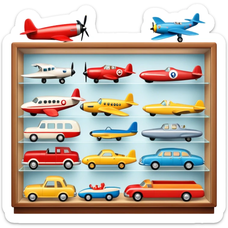Icon for Toy Collecting: a collection of various vintage toys such as dolls, tumblers, cars, planes, ships, action figures and plush animals, displayed neatly on shelves or in display cases. The icon should evoke the joy and nostalgia of collecting toys. Transparent background. sticker