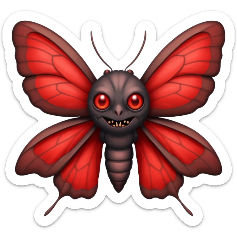 Create a scary emoji of the mothman with bright red eyes and as depicted in the legend. Make it less bird like and more Moth / Human hybrid sticker