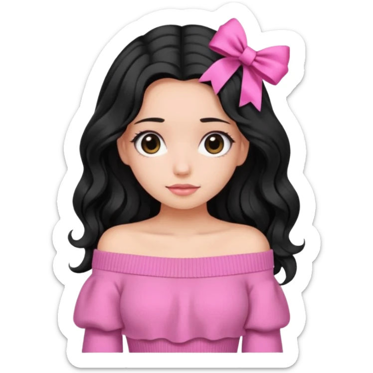 Girl with black wavy little long hair and a ribbon hair clip beside it make it look like wearing a pink off shoulder sweater  sticker