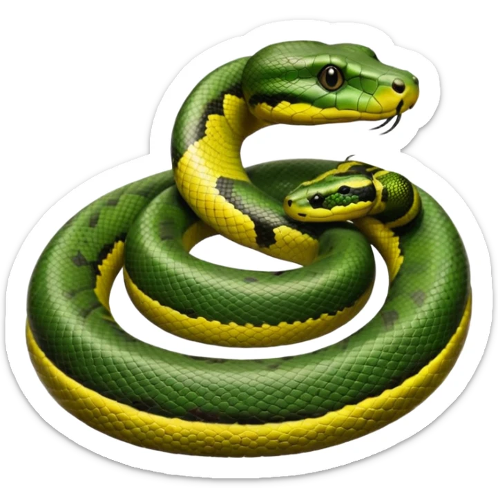 A photo-realistic top-down view of a Green Anaconda tightly coiled in a spiral, with its broad, flat head resting at the center. Its thick, muscular body is olive-green and covered in symmetrical, bold black oval spots that stand out against its smooth scales, creating striking natural camouflage. sticker