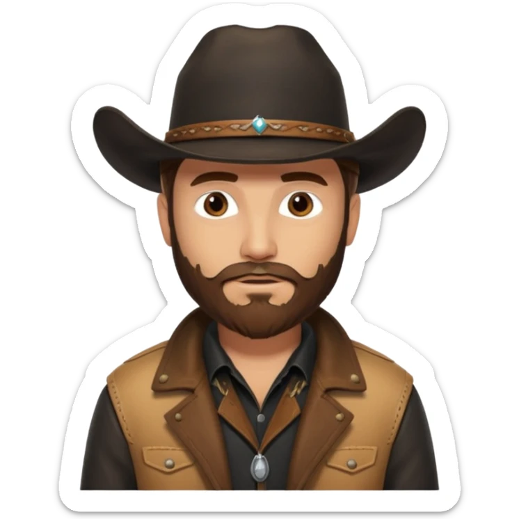 yellowstone ranch cowboy with brown beard, black cowboy hat with no rope and no jewel, black shirt, and leather tan jacket sticker