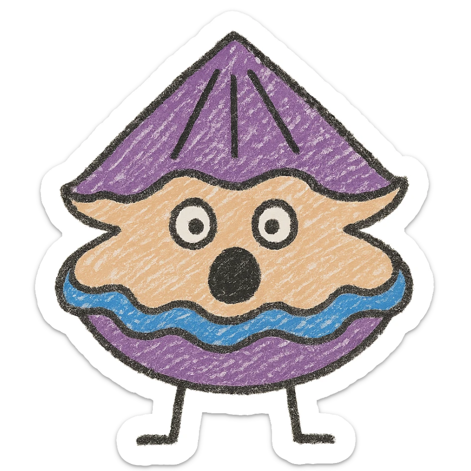 Cute oyster with a shocked expression (open mouth, round eyes) in children doodle style, transparent background. sticker