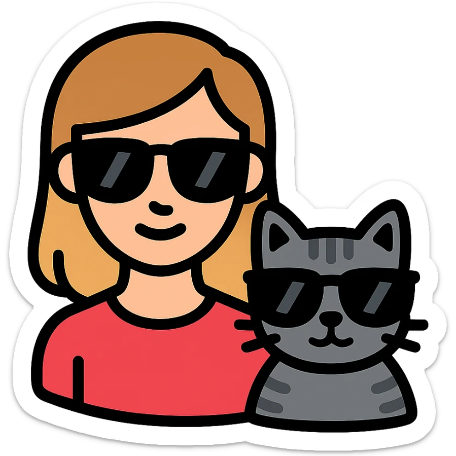 a white woman with light brown ombre hair and a grey tabby cat, both wearing black sunglasses and looking cool, in a modern flat icon style sticker