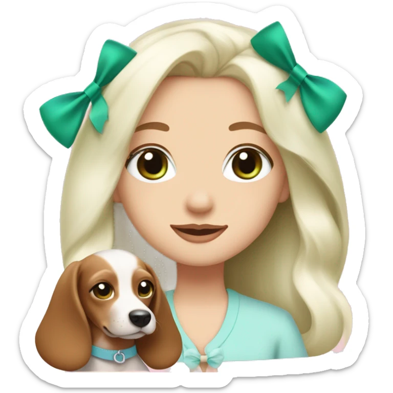 pale blonde girl with long platinum white hair with bright green blue eyes and wearing a light pink hair bow holding a brown and white haired wiener dog puppy also wearing a hair bow sticker