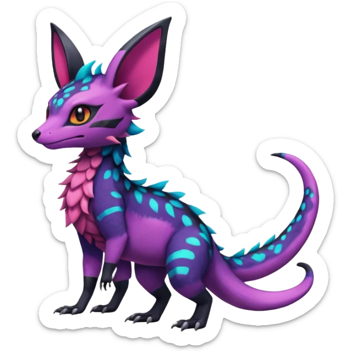 Rare epic aesthetic colorful Salandit-Noibat-Eevee-Genet-species-Fakemon-hybrid-creature, with markings, full body sticker