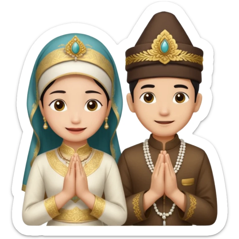 javanese person with shy smile (male) with blangkon hat and prayer hand, and also a javanese bride with sanggul and a shy smile sticker