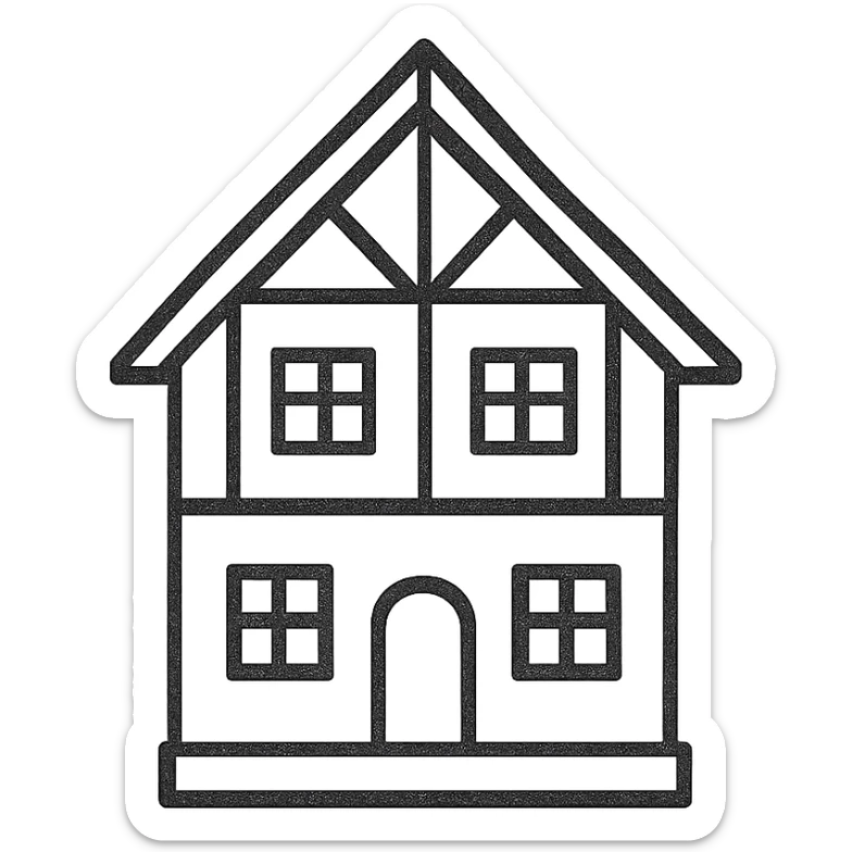 Icon of a house in Kaliningrad, hand drawn, black outlines, no fill, simple and clean, front view sticker