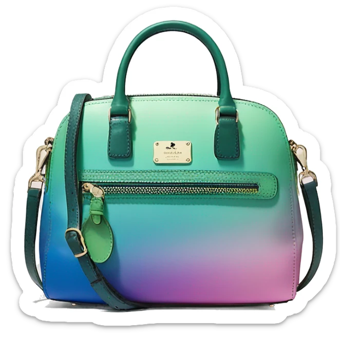 Realistic isolated blue ,green ,pink , and purple metallic ombre kate spade satchel purse.  sticker