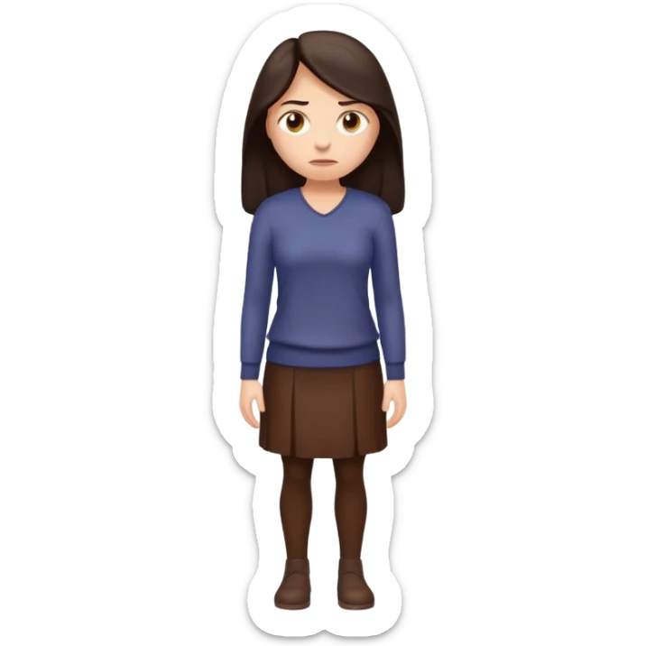 =Cartoon emoji of a woman with long, loose dark hair, wearing chocolate-colored clothes. Full-height, standing, nervous, unsure, worried expression. Slightly hunched, anxious posture. Smooth, simple, stylized sticker
