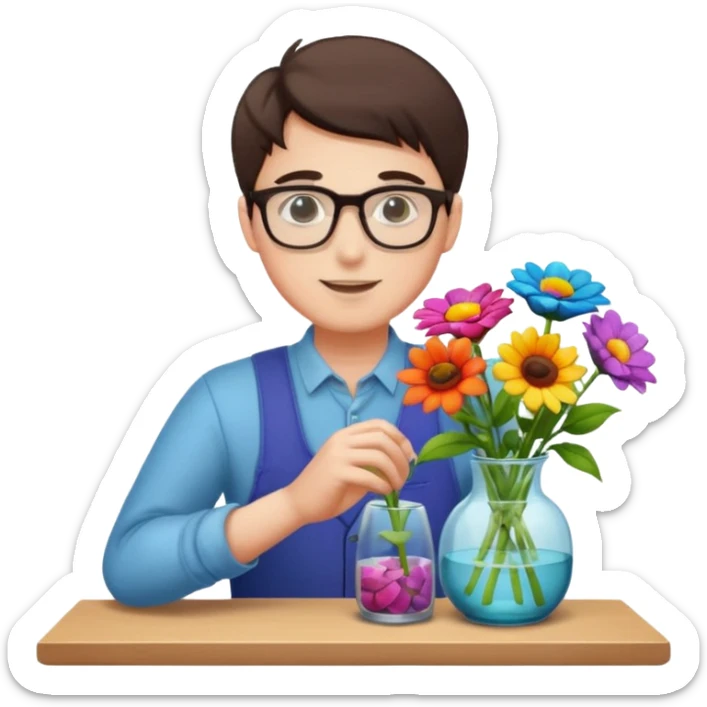 Young male florist – wearing glasses, arranging flowers in a vase. sticker