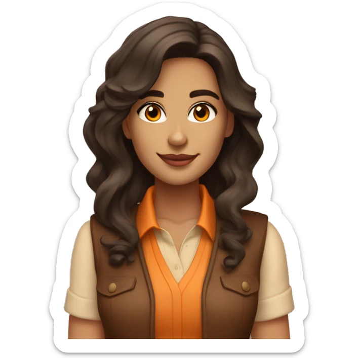 a charming tanned woman wavy chocolate hair, caramel eyes, beige shirt, orange vest sticker