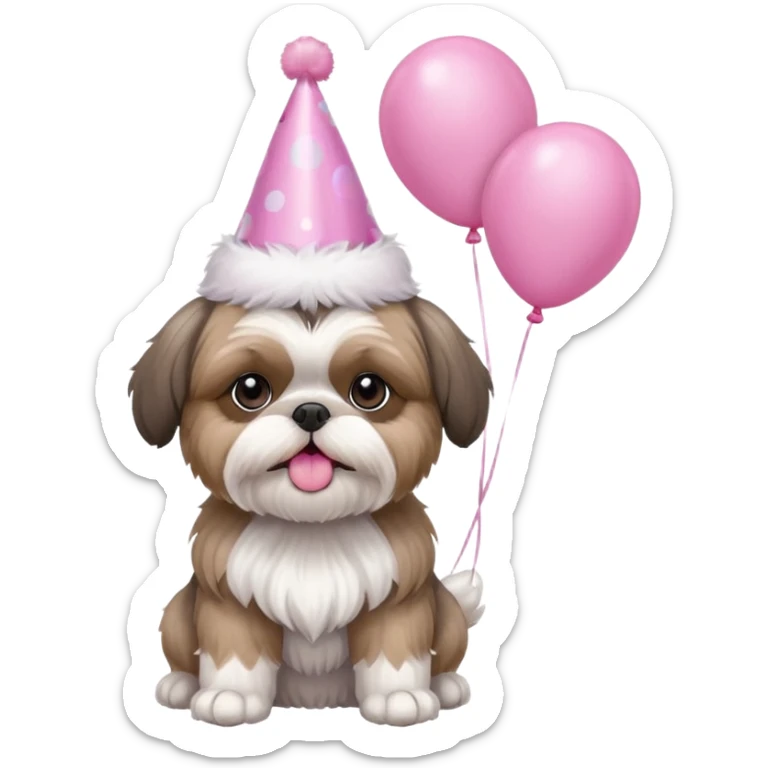 cute shih tzu hold a few pink balloons  with pink birthday hat sticker