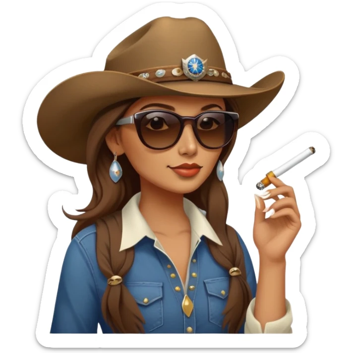 Country woman in cowboy hat with long brown hair with sunglasses with bald eagle on her arm and a cigarette in her mouth  sticker