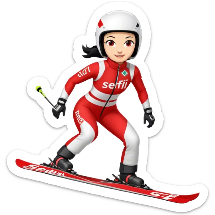 Ski racer downhill squat woman red white dress with the name Steffi on the dress Ski Head lettering black hair smile sticker