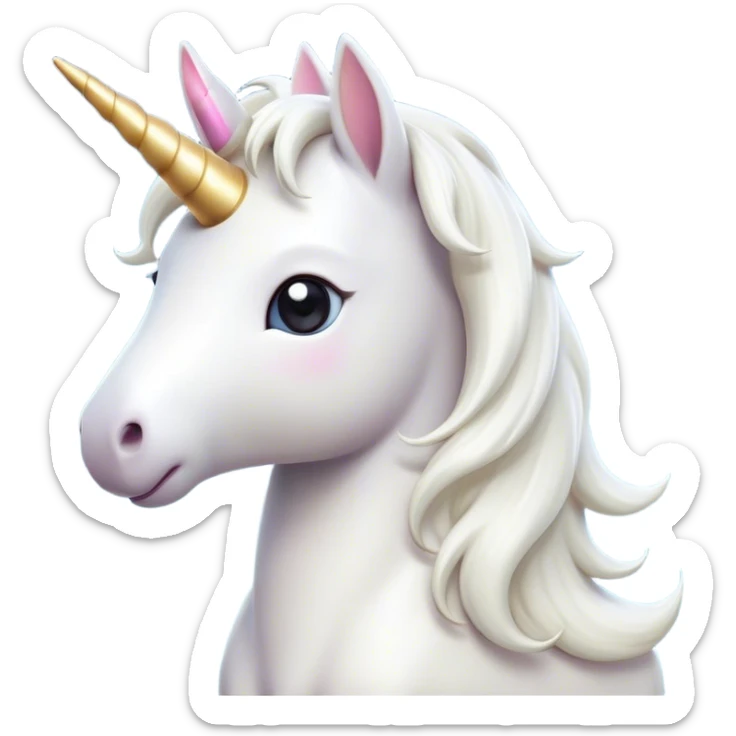 Cinematic Cute White Unicorn Portrait Emoji, Head tilted playfully and inquisitively, featuring a charming, petite form with a silky white color, a delicately flowing mane and tail, and a tiny, sparkling horn, with large, dreamy eyes full of wonder, Simplified yet irresistibly adorable features, highly detailed, glowing with a warm, enchanting glow, high shine, affectionate and lively, stylized with a touch of fairy-tale whimsy, soft glowing outline, capturing the essence of a mischievous yet endearing white unicorn that seems as if it could gallop out of the screen into your heart! sticker