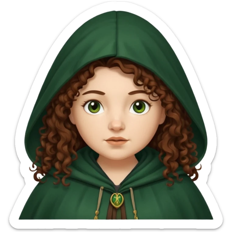 A white woman with a chubby face, with extra long dark auburn hair, cloaked and hooded like she's a Traitor in the tv show 'The Traitors'. her hair is frizzy curly, not with defined curls, and the robe is a very dark green/almost black color sticker