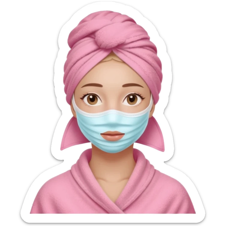 Clean girl influencer character, chest-up portrait, wearing a pink towel wrapped around the head, facial skincare mask on face, relaxed confident expression, soft glow skin, minimal chic aesthetic, subtle beauty accessories, calm self-care vibe sticker