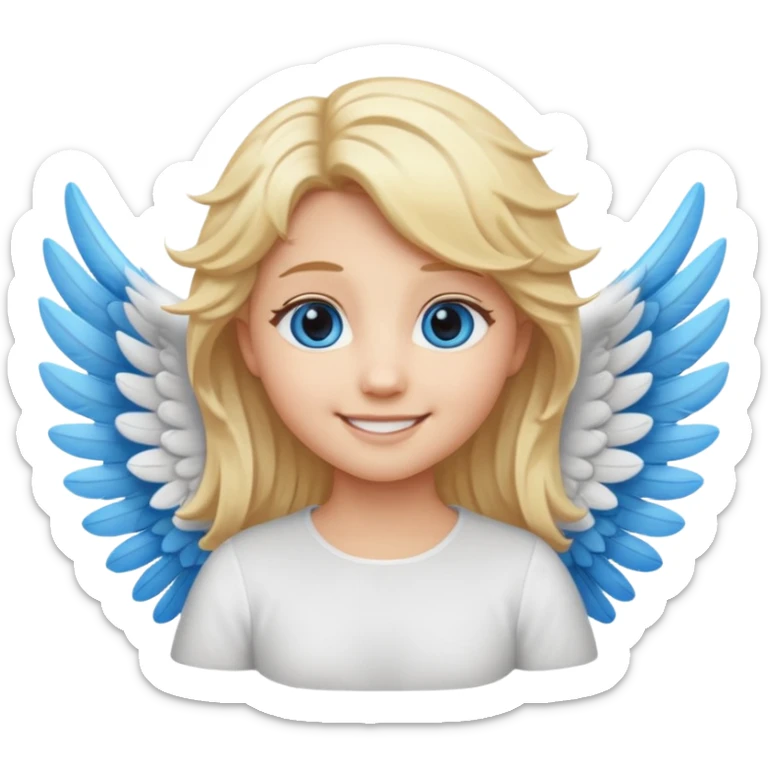 angel emoji blonde hair, blue eyes and smiling, larger wings with darker outline on them and bigger smile sticker