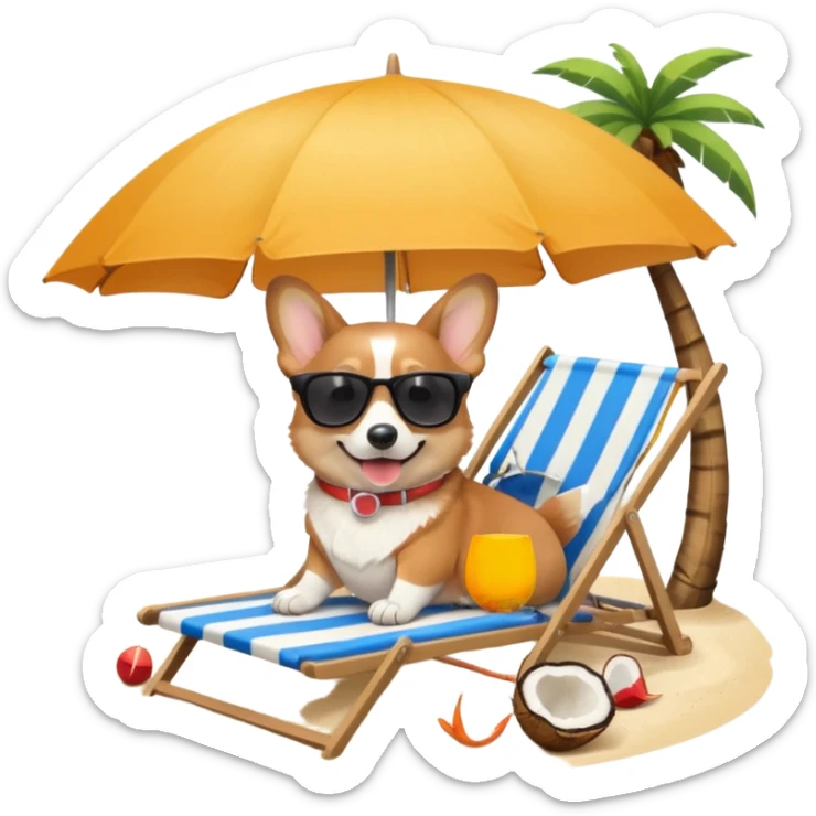 a corgi dog laied on a beach chair, a sunny beach, a sun umbrella, and beach coconut trees. the icon should capture the essence of a relaxing beach vacation with a carefree atmosphere sticker