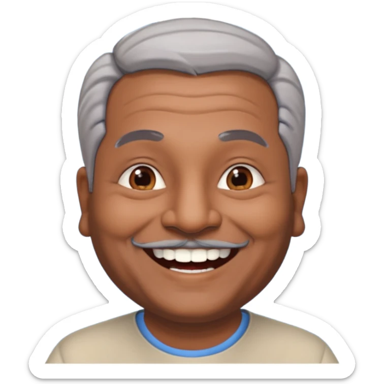 50 yr old indian man, dark skin, grey hair, big smile, white teeth, chubby, no moustach sticker