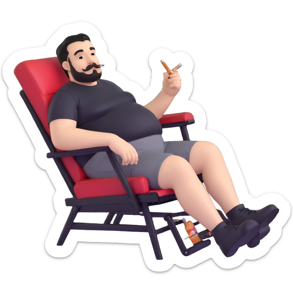 Large man reclining in chair, legs spread, smoking a cigarette, round face, very short black hair, well-groomed beard with mustache, light skin, black t-shirt with light stripes at top riding up to show belly, black shorts, arms covered in black graphic tattoo patterns with designs visible on forearms and shoulders sticker