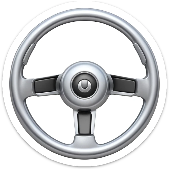 A futuristic steering wheel emoji made of silver chrome, minimal geometric design, smooth metallic surface, soft reflections, iOS emoji style, centered, clean white background sticker