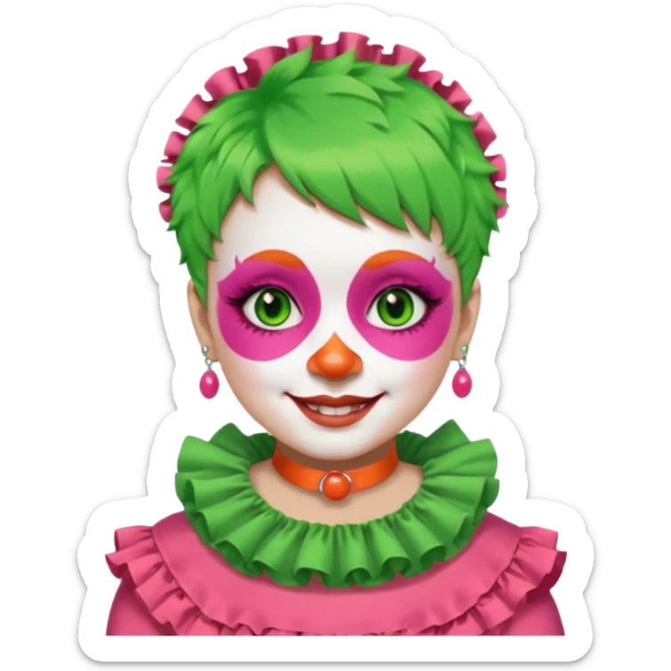 Bright green short hair.

White face paint with green eye makeup and a red nose.

Big wide smile.

Wearing a pink ruffled collar with an orange outfit. sticker