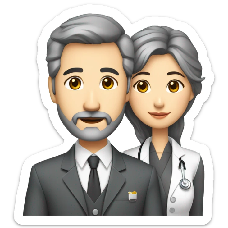 husband preacher middle age dark gray hair trimmed beard business suit, with wife asian age 55 dark hair nurse uniform sticker