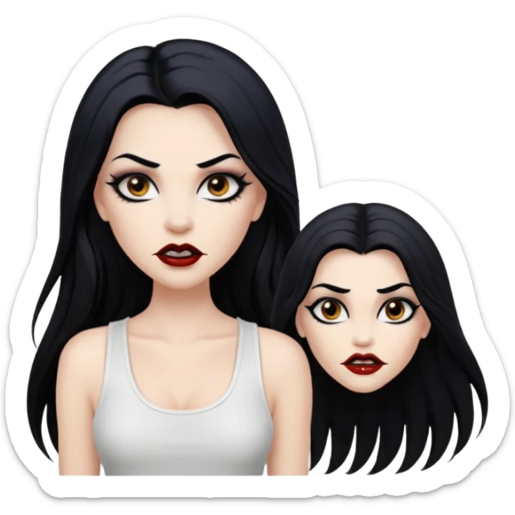 White woman with a white tank top long black hair glossy middle part long hair vamp look with fangs brown eyes eyeliner winged with lashes top and bottom white border big lips black eyebrows sticker