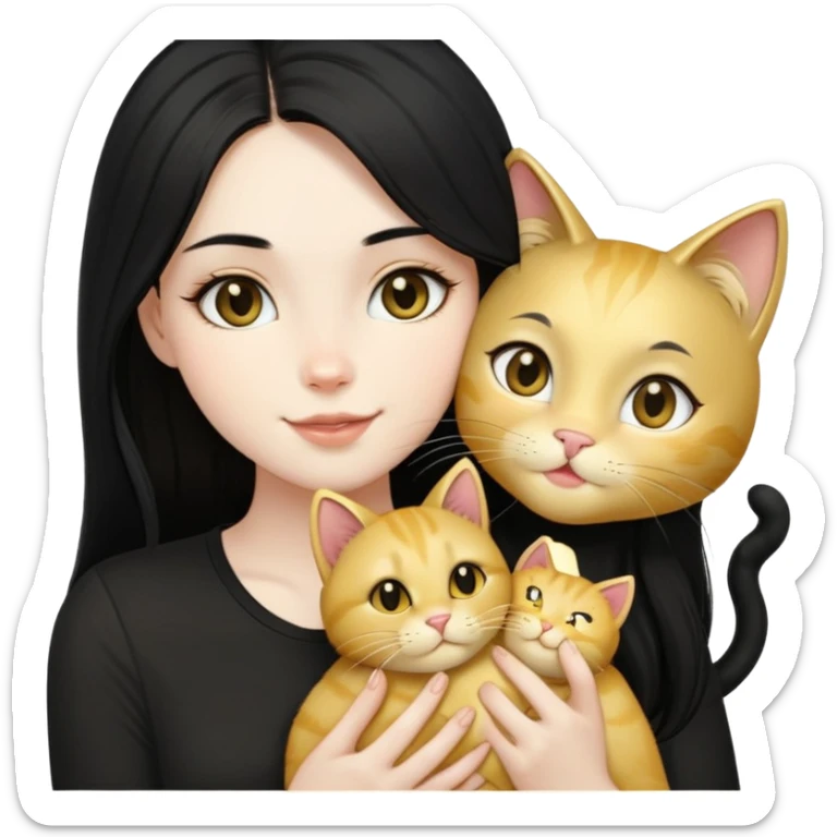 pale girl  with dark eyes and long black hair wearing black shirt kissing gold cat holding smiling light gold cat sticker