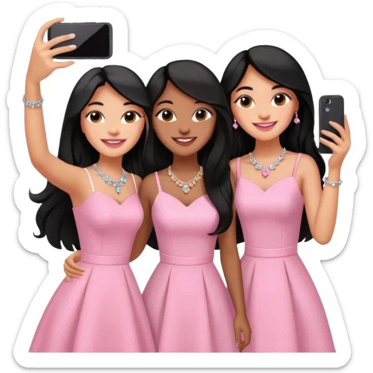 Just 3 besties with professional glammed up looks wearing pink and white, medium skin tone smiling big with black long hair. Very girly wearing jewelry, taking a selfie  sticker