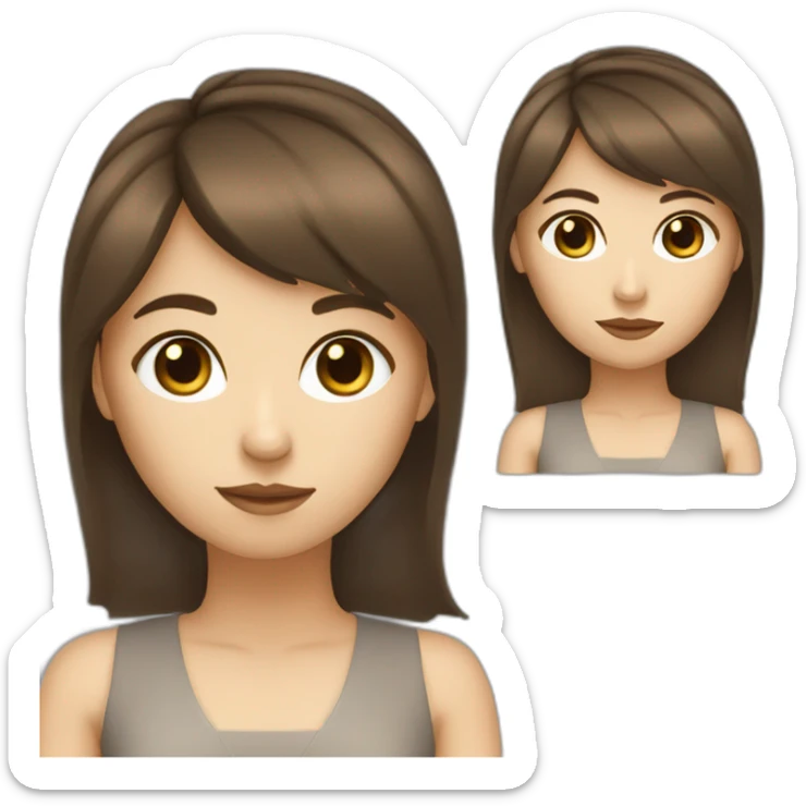 girl, brown hair with bang, fair skin brown eye black dress writing coding sticker